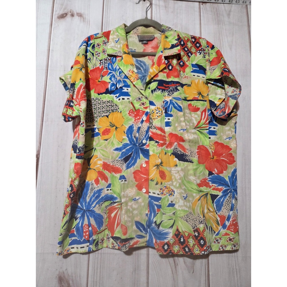 Liz Baker Sport Womens 16W Tropical Floral Button Down Shirt Made in USA Summer